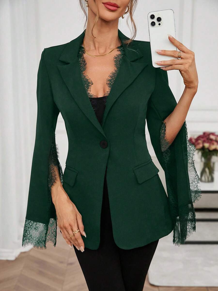 SHEIN Clasi 女士优雅中式立领收腰修身蕾丝拼接开衩袖西装外套，适合通勤、办公室、约会，黑色 - 墨綠色 - 查看 1