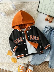 Baby Boys Hooded Jacket With English Slogan Embroidery, 2 In 1, Streetwear Sports Style, Suitable For Outings, Vacations, Photo Shoots, Campus And More, Autumn/Winter - Multicolor - View 3