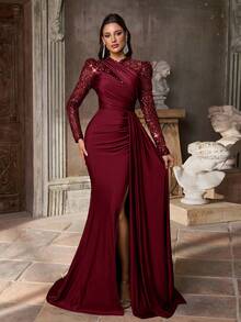 Aureia 优雅奢华的灰绿色亮片刺绣拼接弹力针织立领长袖薄纱褶皱鱼尾连衣裙，饰有荷叶边，适合女士出席正式晚宴。 - 酒紅色 - 查看 6