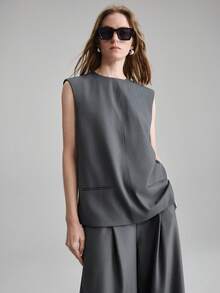 Ontre 2026SS 女士无袖宽松灰色衬衫，简约商务休闲风，适合独立日、教师节、通勤、度假、办公室穿着、节日、派对等场合，百搭女式衬衫 - 灰色 - 查看 4