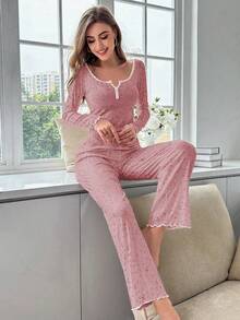 CottageSlumber 女士碎花撞色蕾丝长袖上衣和裤子睡衣套装，秋冬服装 - 藕粉色 - 查看 5