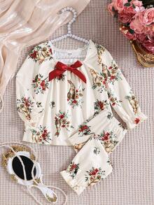 SHEIN 2pcs Baby Girl Bow Lace Trim Collar Yellow Rabbit Print Long Sleeve Top And Pants Pajama Set