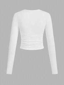 SHEIN EZwear 3件套女士休闲纯色圆领褶皱长袖T恤，秋冬季 - 白色 - 查看 9