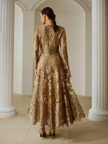 ZEYLAH 刺绣花卉优雅长腰束腰连衣裙 - 金色 - 查看 3