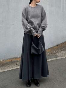 FRIFUL 女士纯灰色圆领落肩长袖串珠袖口开衩下摆宽松休闲百搭毛衣，秋冬款 - 深灰色 - 查看 2