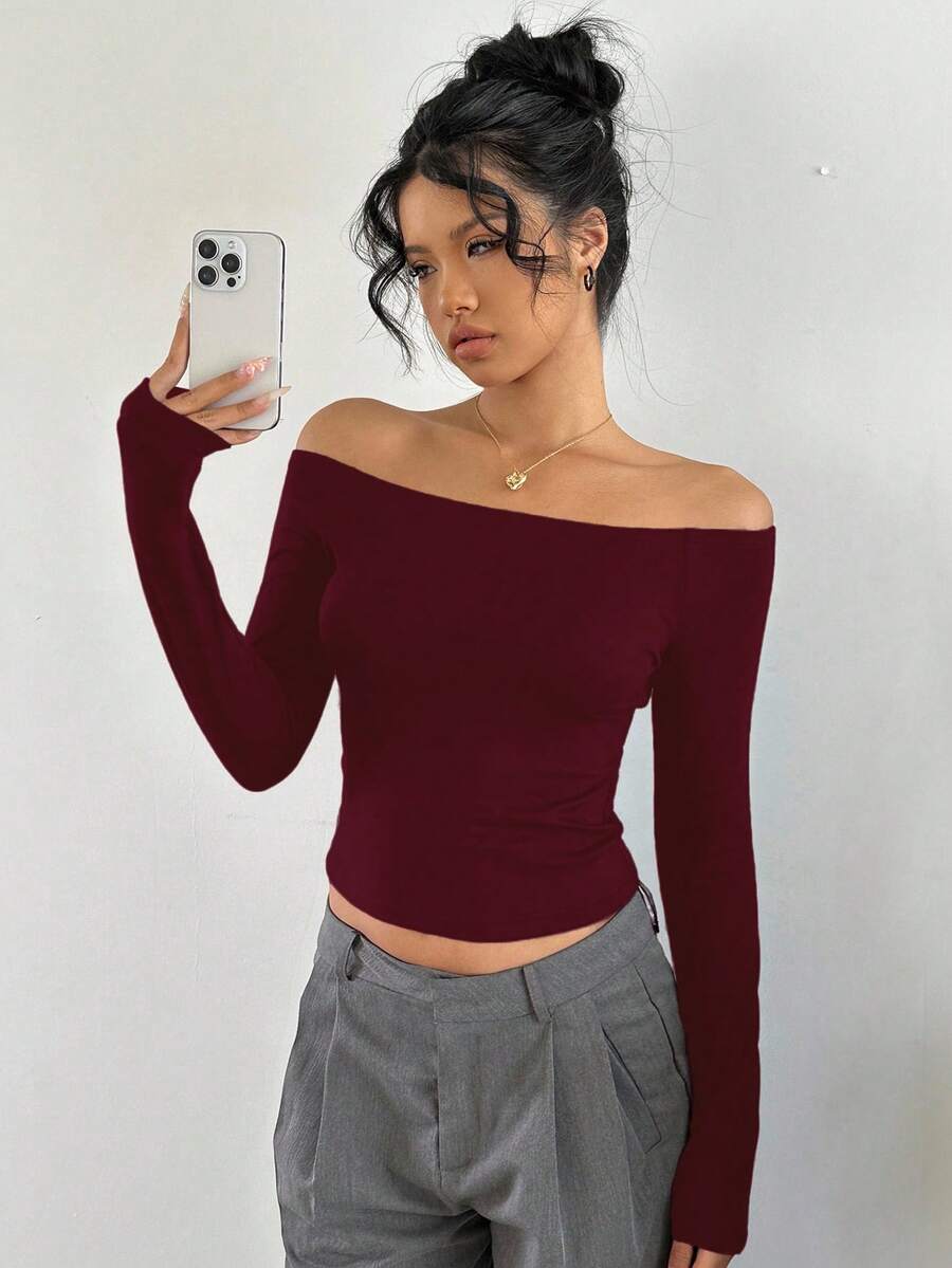 SHEIN EZwear 女士露肩修身休闲长袖T恤,酒红色,春秋季 - 酒紅色 - 查看 1