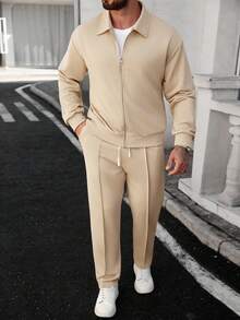 Manfinity CasualCool Bộ đồ thường ngày cho nam có áo khoác nam màu trơn có khóa kéo phía trước và quần có dây rút ở eo - Màu Khaki - Xem 5