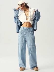 Bohemela Áo khoác ngoài phong cách Boho Thu/Đông, Quần jean nữ màu xanh vintage dáng ôm rộng, chất liệu vải dệt trơn, kiểu dáng đồng quê miền Tây, thích hợp cho kỳ nghỉ, mặc hàng ngày, đi học, Giáng sinh, Năm mới, Lễ tình nhân. - Rửa nhẹ - Xem 6