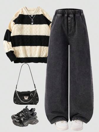 SHEIN 少女休闲宽松直筒牛仔裤，针织牛仔面料，柔软舒适，深灰色，适合度假、户外派对等场合，新品上市