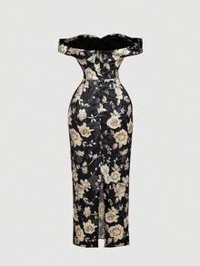 SHEIN MOD 黑色背景的花卉印花露肩网纱荷叶边开衩连衣裙 - 彩色 - 查看 2