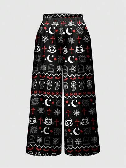 Gothic Dark Mysterious Cross Cat Christmas Holiday New Year Party Skull Moon Star Snowflake Grave Plus Size Loose Wide Leg Pants All Over Print