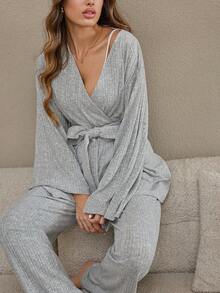 HautHeat 女士纯色交叉裹身长袖宽松休闲舒适睡衣套装，秋冬服装 - 淺灰色 - 查看 5