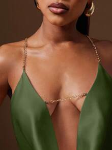 Denimoi Satin Backless Gold Chain Strap Cowl Neck Halter Top GNO Date Night Outfits Dinner Outfits - Olive Green - View 2