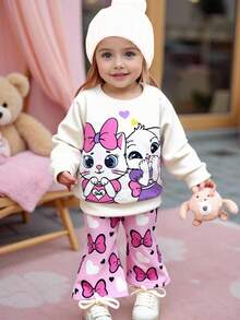 SHEIN Babygirl Cute Casual Cartoon Print Long Sleeve Sweatshirt & Elastic Waist Pants Set - Beige - View 3