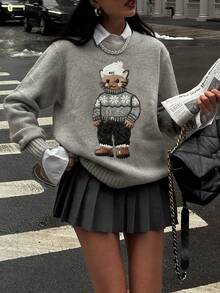 SHEIN EZwear 休闲简约可爱卡通猫咪百搭女式毛衣，适合秋冬季节，时尚可爱，卡通风格，街头风