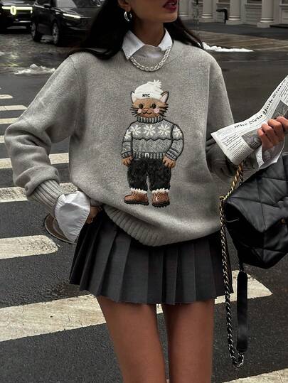 Muchica Casual Minimalist Cute Cartoon Cat All-Match Versatile Women Sweater, Suitable For Autumn/Winter, Fashionable, Cute, Cartoon, Street Style