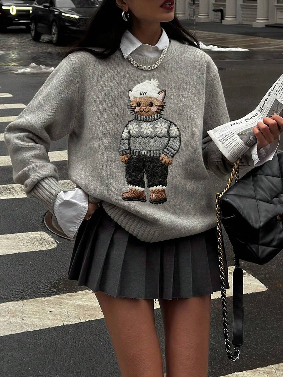 SHEIN EZwear 休闲简约可爱卡通猫咪百搭女式毛衣，适合秋冬季节，时尚可爱，卡通风格，街头风