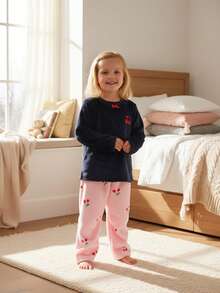 Girls' Minimalist Cherry Pattern Long Sleeve Pajama Set, Comfortable & Warm Fleece - Multicolor - View 9