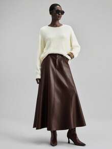 Ontre 2026春夏新款女士宽松A字PU皮裙，都市通勤商务优雅风 - 棕色 - 查看 2