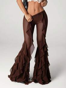 SHEIN ICON 女士西部风喇叭裤脚低腰修身Y2K裤，秋冬款 - 卡其色 - 查看 1