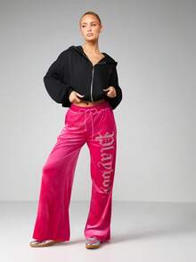 Missguided x Playboy 水钻字母印花连帽衫 全拉链抽绳卫衣 - 黑色 - 查看 5