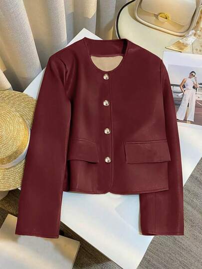 Franclia Casual Loose PU Jacket For Women, Coffee Color, Versatile For Daily Wear, Spring/Autumn