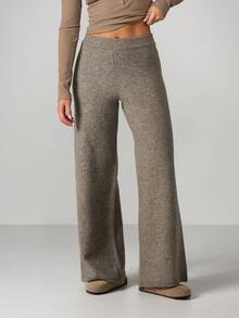 MISSGUIDED 宽腿高腰针织裤，罗纹腰带和裤脚，秋冬居家休闲服 - 灰色 - 查看 1