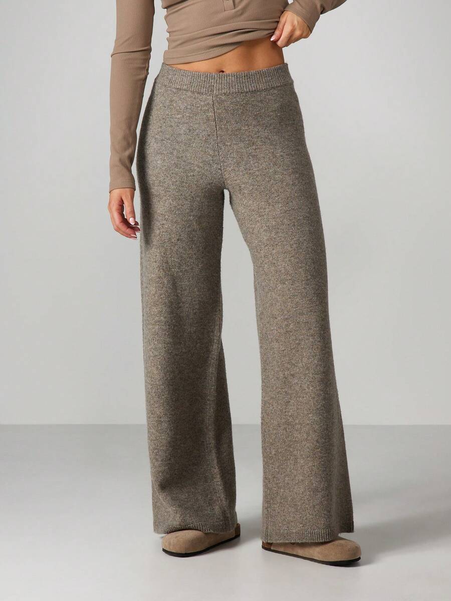 MISSGUIDED 宽腿高腰针织裤，罗纹腰带和裤脚，秋冬居家休闲服 - 灰色 - 查看 1