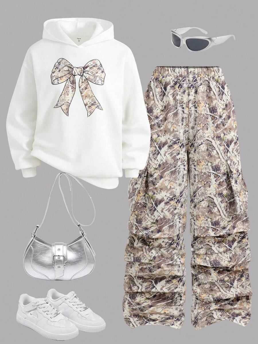 Girlism 少女连帽衫和卫衣套装，字母印花连帽衫+绿色军装风工装裤，休闲街头风穿搭，秋冬季，适合学校、校园、大学穿着。 - 彩色 - 查看 1