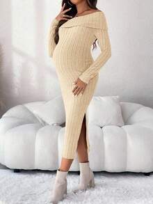 SHEIN Setelan Gaun Dua Potong Rajut Beige Polos Lengan Panjang Off-Shoulder dengan Detail Ribbed dan Belahan Samping, Warna Peach, Musim Gugur, Kasual, Hamil, Pemotretan - Aprikot - View 4
