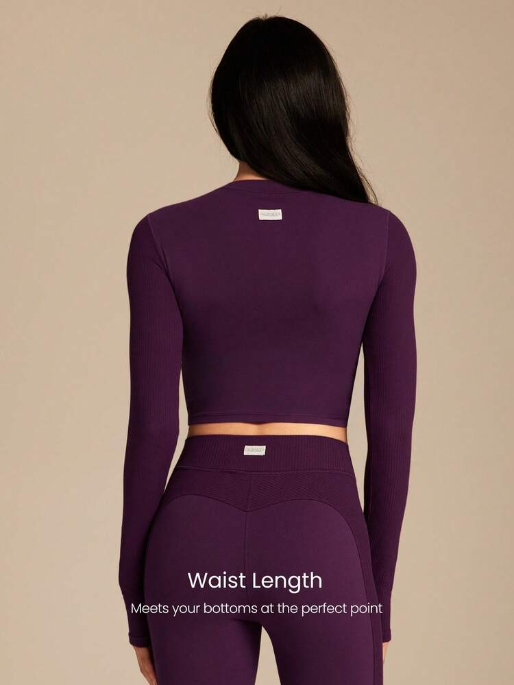 FeatherFit™ Soft Stretchy Ribbed Seam-Dividing Design Long-Sleeve Tee Top Low Impact Yoga Pilates Studio Daily Casual Wear Removable Cups  Spring Summer