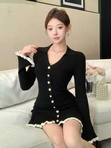 DAZY Vestido de punto con botones y ribete de bloques de color para mujer, otoño/invierno - Negro - Ver 7