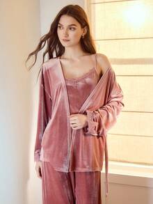MOTF PREMIUM 3PCS CONTRAST LACE VELVET PAJAMA SET - Dusty Pink - View 5