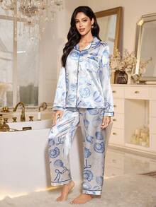 LuxeNights 贝壳印花仿丝翻领开衫和裤子睡衣套装 - 彩色 - 查看 6