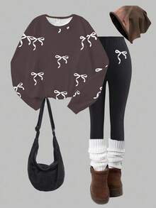 SHEIN Teen Girls' Brown Digital Print White Bow Crew Neck Sweatshirt & Black Skinny Pants Set, Comfortable Fitted, Autumn/Winter - Coffee Brown - View 1