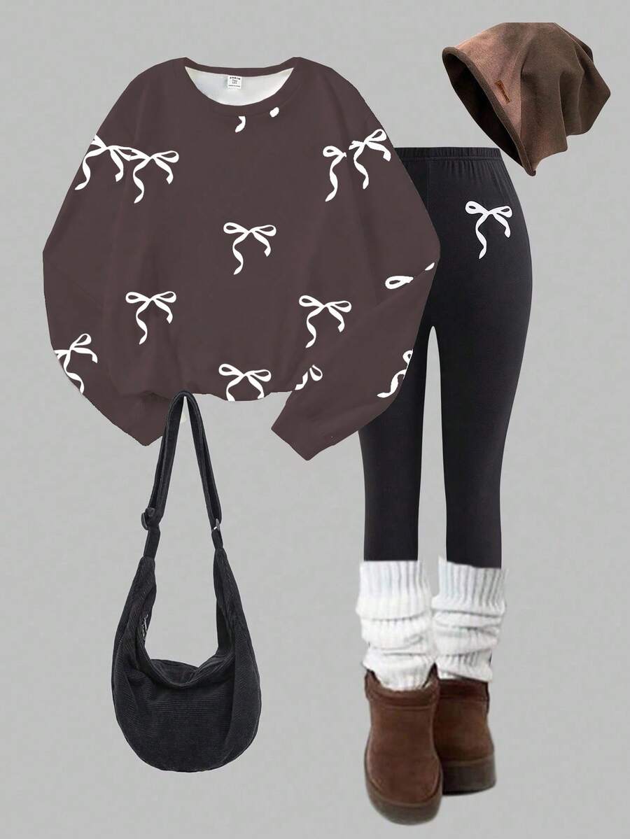 SHEIN Teen Girls' Brown Digital Print White Bow Crew Neck Sweatshirt & Black Skinny Pants Set, Comfortable Fitted, Autumn/Winter - Coffee Brown - View 1