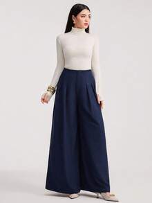 Veilorie Relaxed High Waist Wide Leg Casual Pants, New Style - Navy Blue - View 5