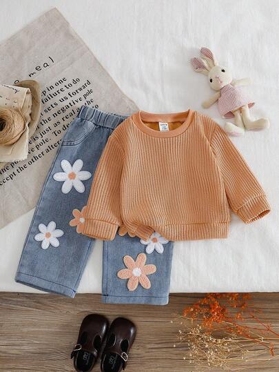 SHEIN Infant/Toddler Girls Solid Color Round Neck Long Sleeve T-Shirt & Floral Print Pants Set