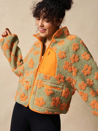 VARSITIE Women's Floral Pattern Raglan Sleeve Zip Front Loose Outdoor Fleece Jacket, Autumn/Winter 70s Outfit Women In My Nature Women Jacket Orange Jacket Bbl Jacket Fleece Jacket, Suitable For Fall Winter, Casual Gym Yoga Outdoor Holiday Vacation