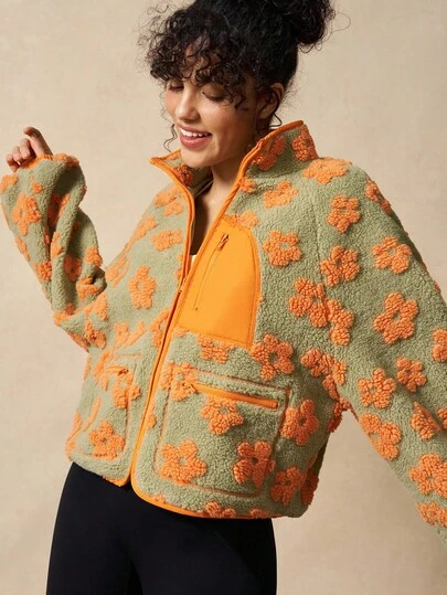 VARSIVA Women's Floral Pattern Raglan Sleeve Zip Front Loose Outdoor Fleece Jacket, Autumn/Winter 70s, Suitable For Fall Winter, Casual Gym Yoga Outdoor Holiday Vacation