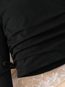 SHEIN Bộ 2 áo thun trơn cổ tròn xếp ly thường ngày và quần ống loe ôm sát cho bé gái - màu đen - Xem 8