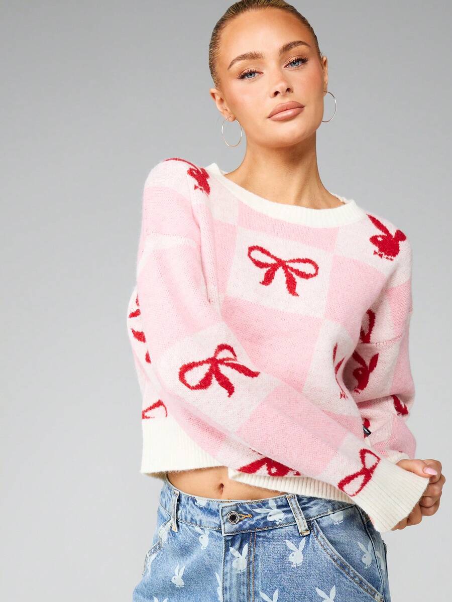 Missguided x Playboy Áo len dệt kim dáng rộng dáng ngắn họa tiết nơ thỏ Giáng sinh tay dài ấm áp mùa đông thu - Nhiều màu - Xem 1