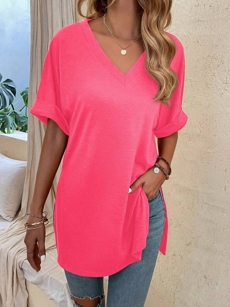 EMERY ROSE Solid Color V-Neck Loose Long Casual T-Shirt With Side Slits - Coral Pink - View 1