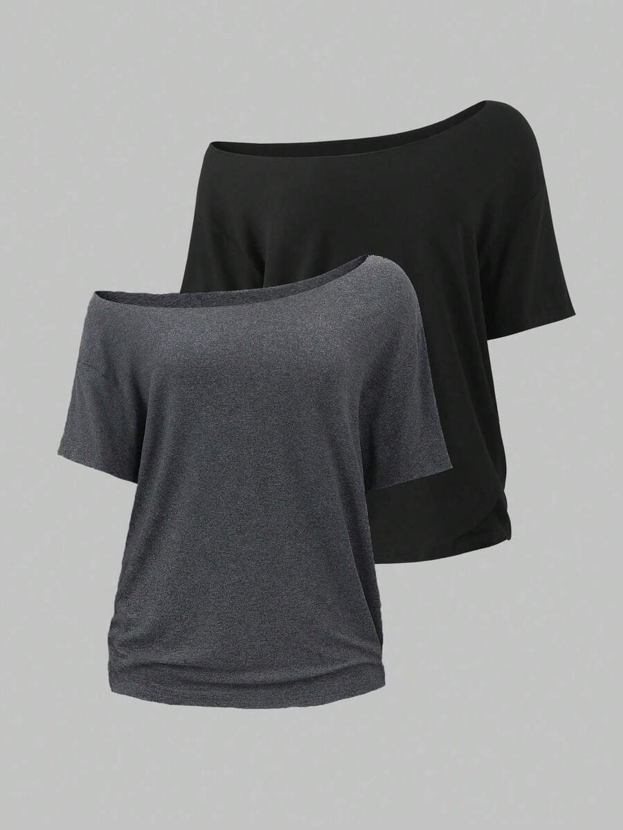Flirla 2 piezas Camisetas holgadas asimétricas de hombro para mujer, elegantes camisetas oversize de unicolor negro y gris oscuro - Multicolor - Ver 1
