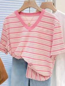 SHEIN 复古彩色条纹V领短袖T恤，女士休闲夏季上衣 - 彩色 - 查看 3