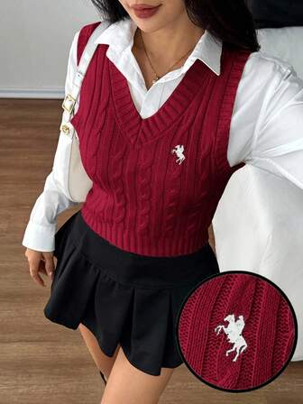 SHEIN PETITE Women's Casual Collegiate Style Knitted Sweater Vest,Thanksgiving For Women Christmas New Year Daily Wear,Red Top,Christmas Sweater Vest,Fall,Fall Clothes For Women,Winter Clothes For Women