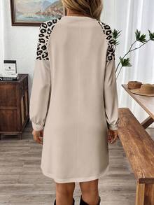 EMERY ROSE Casual Women's Khaki Leopard Print Long Sleeve Short Dress, Suitable For Autumn/Winter,Casual - Multicolor - View 4