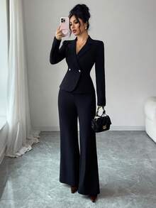 SHEIN Elenzya 优雅浪漫简约商务女士套装，长袖设计，腰部收紧 - 黑色 - 查看 3