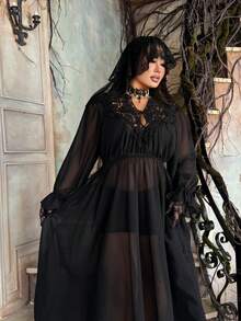 Lyrianda 复古法式黑色薄纱深V领性感连衣裙，蕾丝饰边领口和袖口，收腰设计，百搭上衣连衣裙 - 黑色 - 查看 4