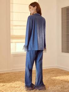 MOTF PREMIUM WOMEN'S SPRING/AUTUMN PATCHWORK SHEER MESH RUFFLE SLEEVE TEXTURED FABRIC LAPEL COLLAR LONG SLEEVE TOP AND FLARE LEG PANTS PAJAMA SET - Blue - View 7